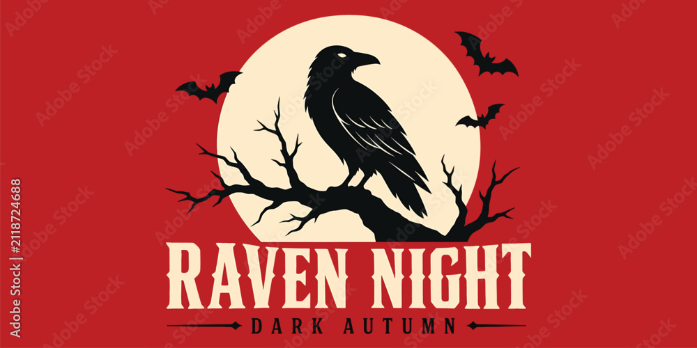 Naklejka premium Raven night dark autumn halloween vector illustration with crow on tree branch, full moon and bats on red background