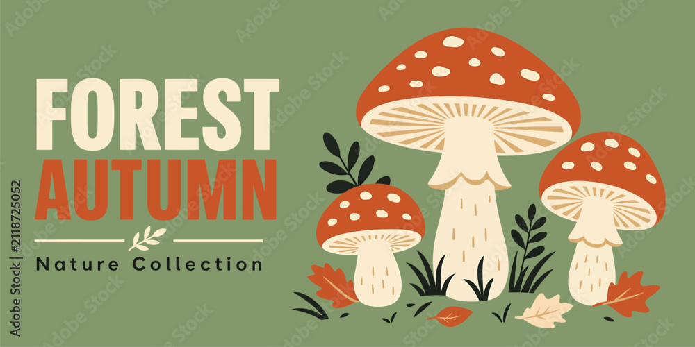 Fototapeta premium Autumn forest composition with red mushrooms and fallen leaves on a green background vector illustration of woodland nature elements for seasonal design
