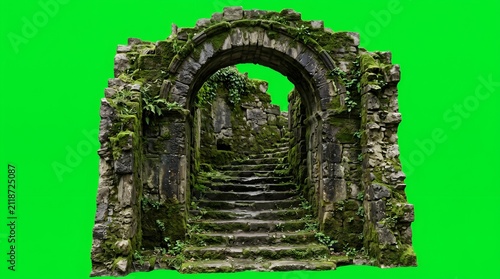Ancient moss-covered stone archway with weathered steps leading to a mysterious tunnel