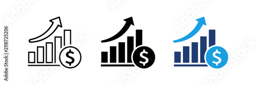 Financial growth icon with rising bar chart, upward arrow and dollar coin. Concept of profit increase, revenue growth Stock vector.