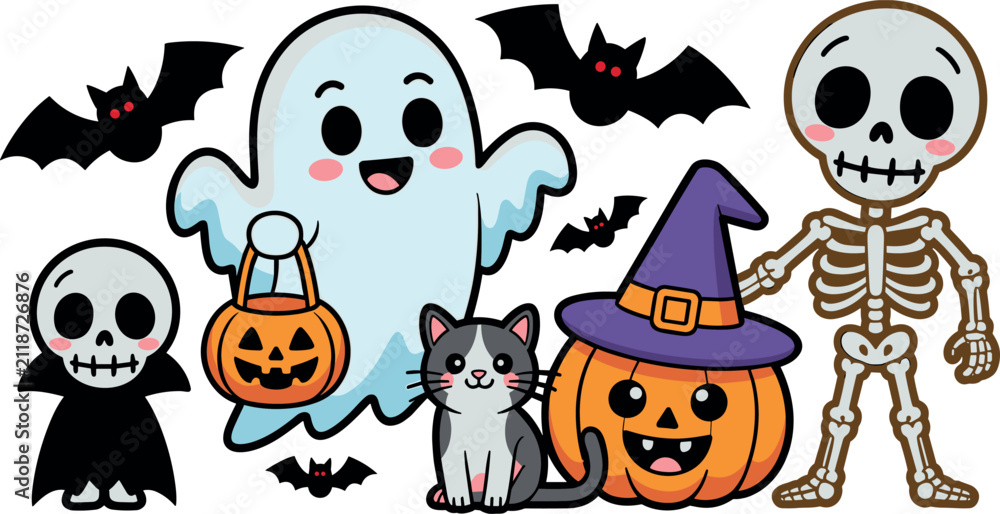 Obraz premium Cute Kawaii Halloween Characters Vector Set with Skeleton Ghost Pumpkin Cat and Bats