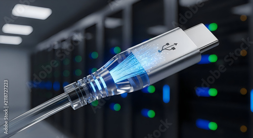 High Speed Data Transfer USB-C Cable with Fiber Optic Effect in Server Room