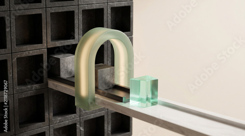 Minimalist 3D automated deployment pipeline concept with sage green validation gate for DevOps SaaS hero banner