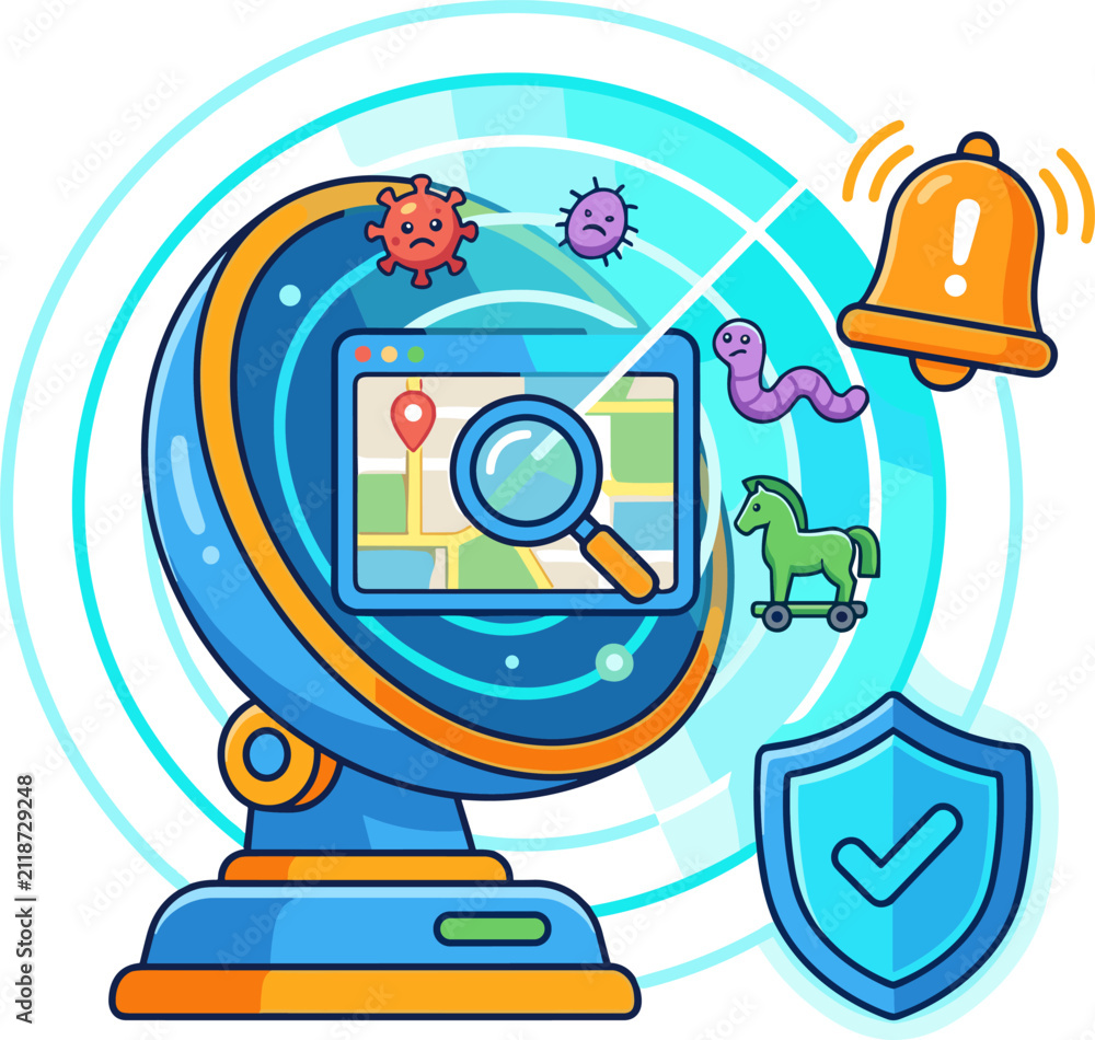 Naklejka premium Cybersecurity and digital threat monitoring concept with globe radar, malware icons, alarm bell, and security shield