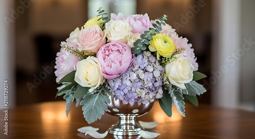 Beautiful floral arrangement with pastel hydrangeas and pink peonies