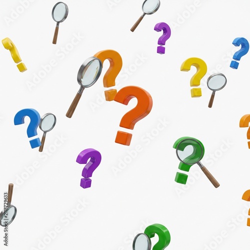 Abstract 3D background with question marks and magnifiers for problem solving and query concepts.