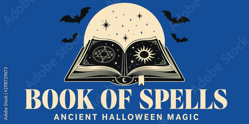 Quadro su tela Book of spells, ancient halloween magic, open grimoire with magical symbols, sun
