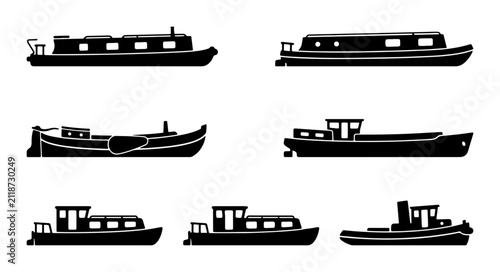 Obraz na plátně Set of Six Narrowboat Silhouettes, Canal Boat Vector Icons, Water Transport Coll