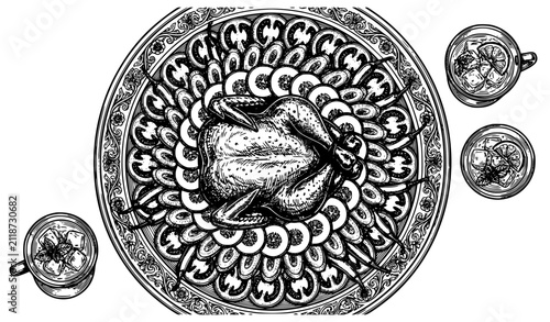 Konstfotografi Black and white traditional wedding feast platter with roast chicken vegetables