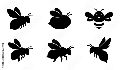 Принти на полотні Six Black Silhouette Bee Icons, Insect Vector Graphics, Cute Flying Bees, Simple