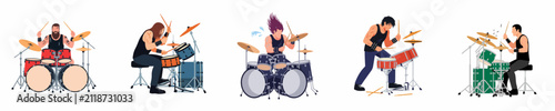 Foto Set of Five Energetic Heavy Metal and Rock Drummers Playing Drum Kits, Flat Vect