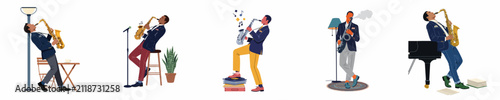 Photography Illustrations of a stylish African American jazz musician playing saxophone in various settings including a piano, a microphone, and stacks of vinyl records