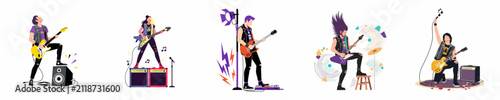 фотографія Collection of stylized rock and metal guitarists performing with electric guitars, amplifiers, and stage equipment, set against a plain white background