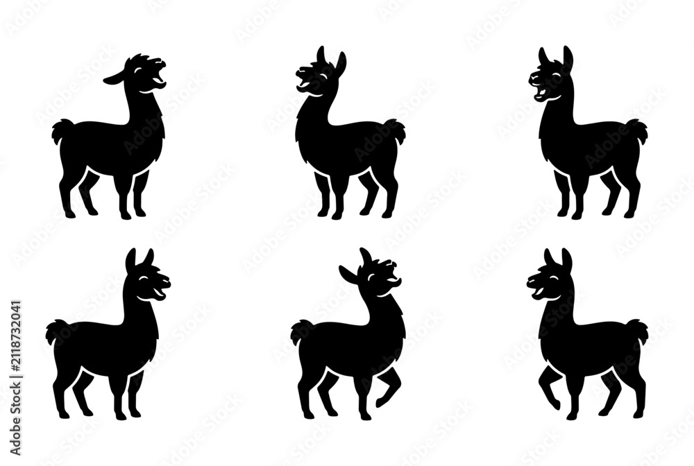Obraz premium Six Black Silhouette Llamas, Vector Icons Set, Cute Animal Graphics for Design Projects, Farm and Wildlife Illustrations