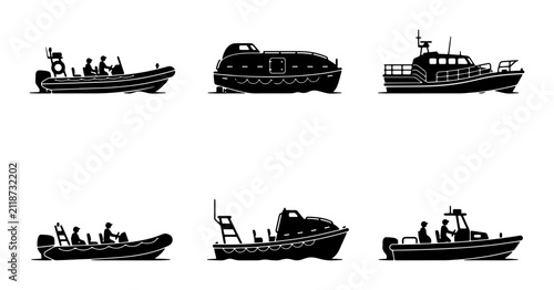 Konstfotografi Set of 6 Black and White Vector Boat Silhouettes, Including Rigid Inflatable Boa