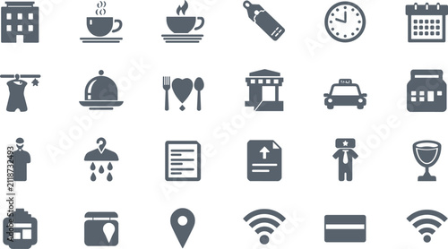 Bild auf Leinwand Hotel and Hospitality Services Icon Set with Vector Silhouette Symbols for Touri