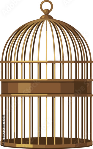 Empty vintage golden birdcage isolated on white background