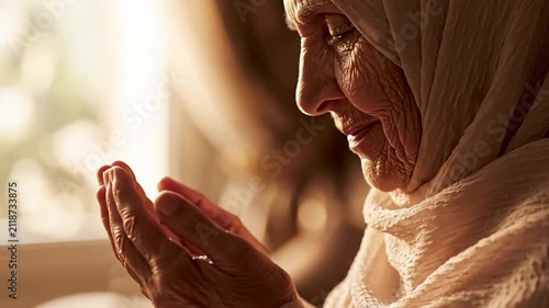 Elderly Muslim woman in a hijab praying with hands cupped in dua. Close-up of a senior person showing deep faith and devotion. Islamic spirituality concept