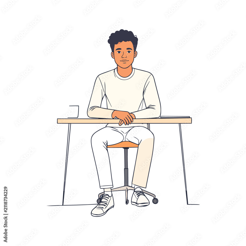 Fototapeta premium Young man sitting at desk vector illustration