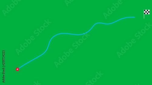 Animated light blue route line drawing from red start point on green screen chroma key background