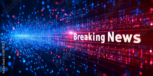 Breaking news banner background, dynamic red and blue light streaks rushing forward, with glowing particles and dramatic motion effect, white text, Perfect for television news broadcasts