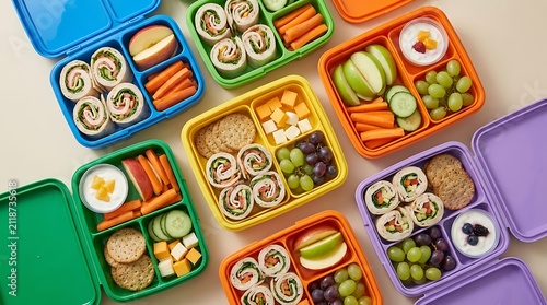 Colorful bento lunch boxes with healthy snacks and fresh food for school or office. nut free meal plan