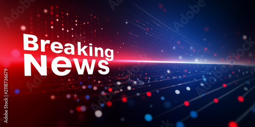 Breaking news banner background, dynamic red and blue light streaks rushing forward, with glowing particles and dramatic motion effect, white text, Perfect for television news broadcasts