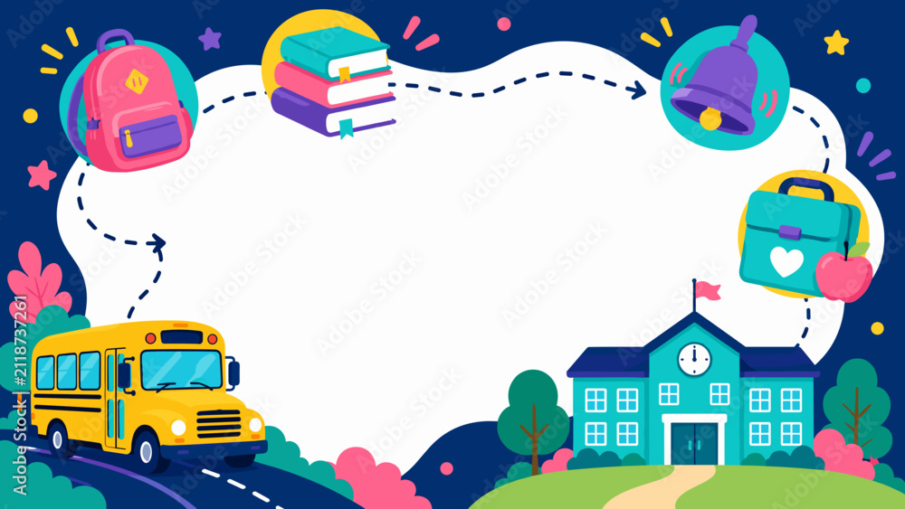 Naklejka premium Bright cartoon school bus drives to blue school building. Books, backpacks, and a bell float above a wavy line. Children's items suggest playful, joyful learning moments