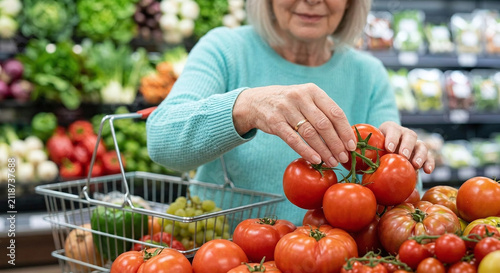 Close Up Portrait Of A Senior Woman Selecting Fresh Red Tomatoes In The Grocery Store Supermarket Produce Section