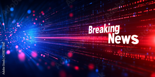 Breaking news banner background, dynamic red and blue light streaks rushing forward, with glowing particles and dramatic motion effect, white text, Perfect for television news broadcasts
