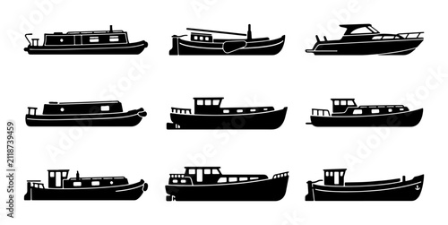 Fotografie Canal Boat Silhouettes, Narrowboat Collection, River Barge Icons, Water Transpor
