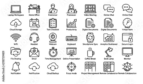 Bild auf Leinwand Remote Work Line Icons Set Modern Outline Vector Pack for Freelancing Digital Wo