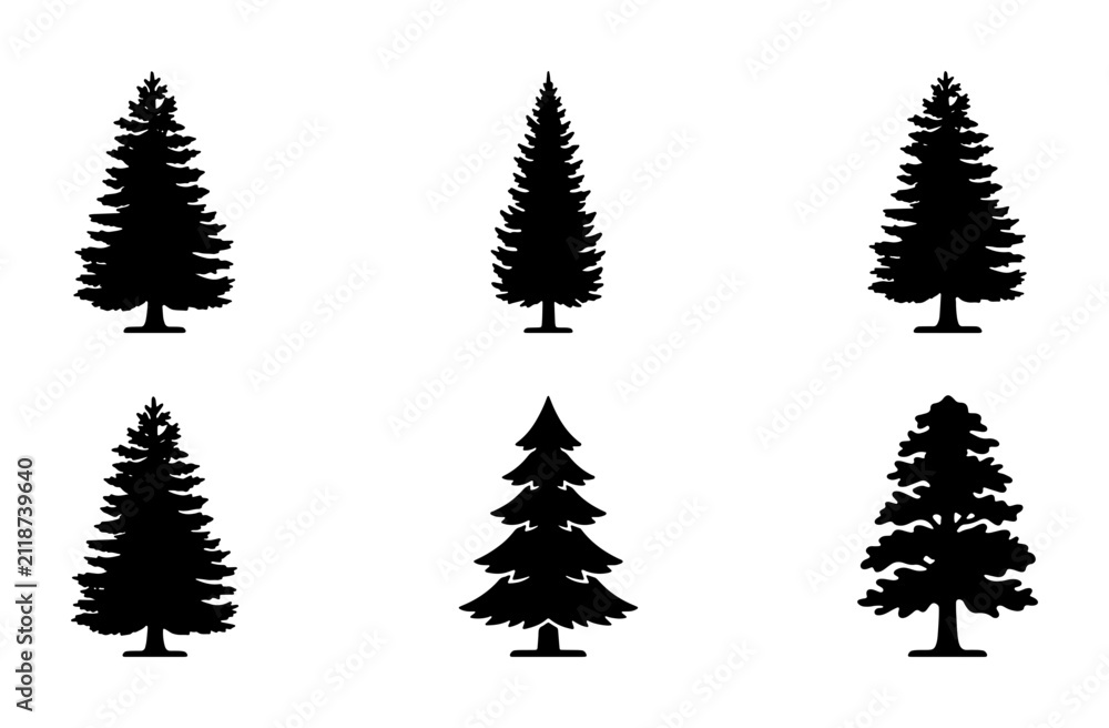 Obraz premium Conifer Tree Silhouettes Collection, Evergreen Pine Fir Spruce Vector Icons, Winter Forest Nature Graphics, Seasonal Woodland Elements