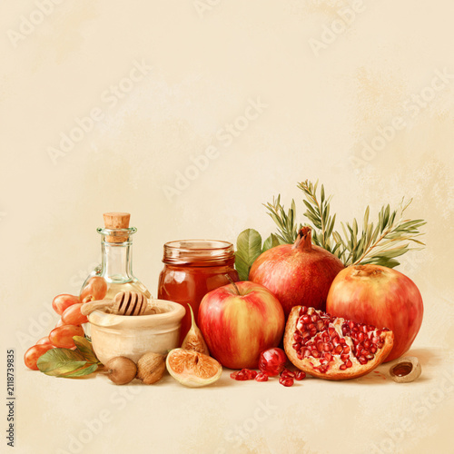  Rosh Hashanah holiday illustration background with copy space