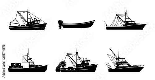 Fishing Boat Silhouettes, Marine Vessels Vector Set, Commercial Trawler and Speedboat Icons, Nautical Transportation Graphics