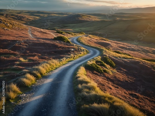 Scenic winding road traversing a rugged, sun-kissed moorland at golden hour, evoking a sense of tranquil journey and remote adventure