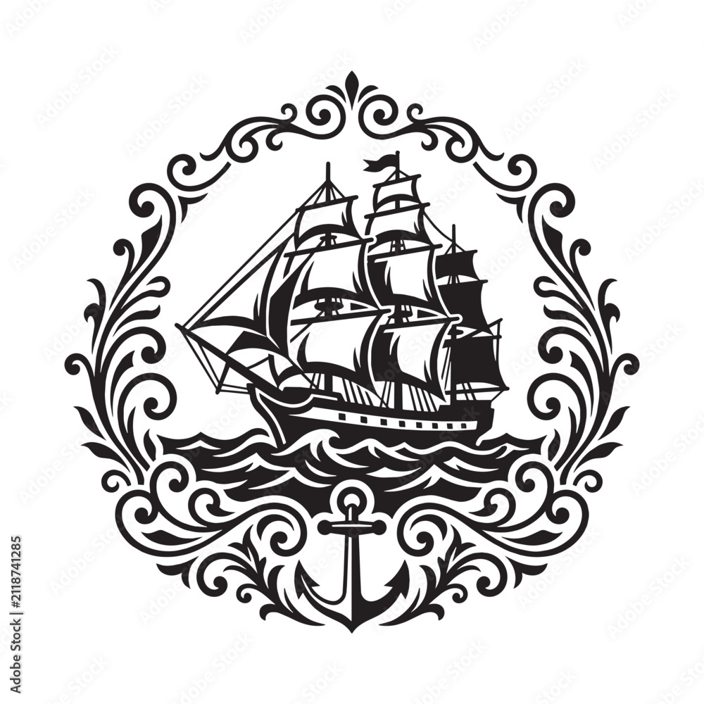 Fototapeta premium Victorian Ornamental Ship Illustration with Filigree Scrollwork and Anchor, Nautical Flourish Frame Emblem