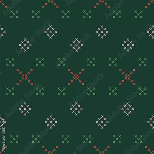 Dark green minimalist cross stitch embroidery seamless pattern, simple red, pink geometric cross shapes with adjustable thickness, classic rustic needlecraft winter holiday texture for craft heritage