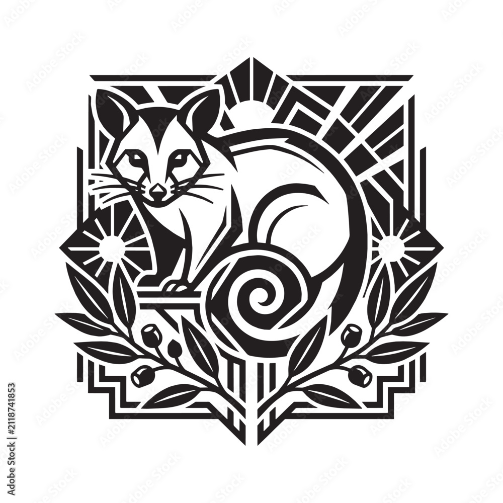 Fototapeta premium Vintage Art Deco Opossum Graphic: Geometric Luxury Ornamental Animal Illustration with Floral Accents in Black and White