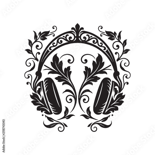 Victorian Ornamental Headphones with Filigree Flourish and Scrollwork Detail - Black and White Floral Music Illustration