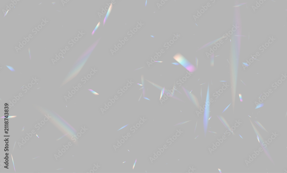 Obraz premium Glowing holographic rainbow rays flow crystal glass with realistic refraction effects. Transparent lens flare, colorful reflections. Soft light leaks add sparkling brilliance. Vector illustration png.