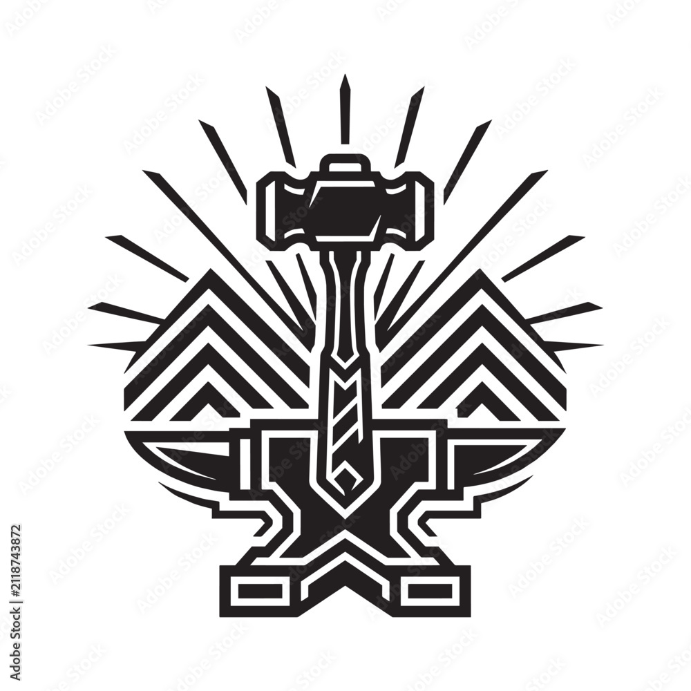 Fototapeta premium Art Deco Blacksmith Emblem: Vintage Geometric Hammer and Anvil with Luxury Ornamental Rays