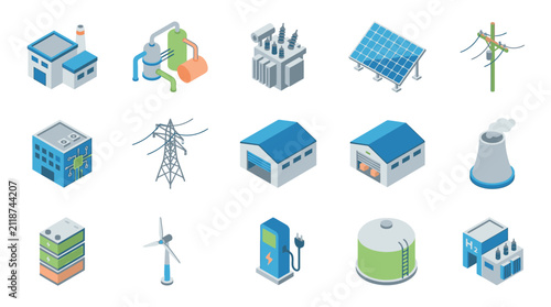 Isometric icons of renewable energy and industrial buildings.