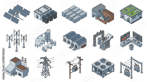 Isometric Industrial Buildings and Infrastructure Set.