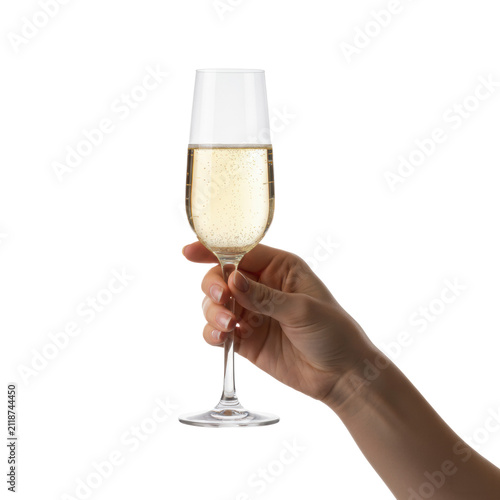 Elegant Caucasian hand holding a crystal champagne flute with pale golden sparkling wine, fine effervescence, against a transparent studio background, luxury marketing concept