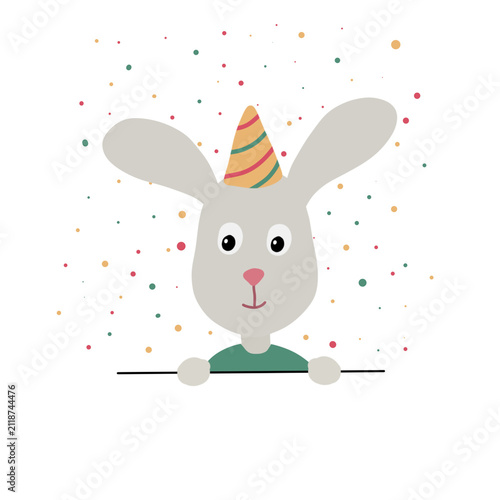Cute Cartoon Bunny Wearing a Party Hat with Confetti Backdrop Transparent Sticker | Kids Illustration