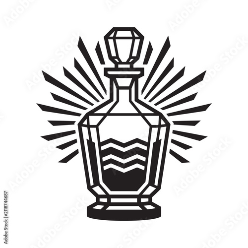 Art Deco Geometric Luxury Ornamental Vintage Decanter Icon Illustration, Minimalist Black and White Glass Bottle with Sunburst Rays
