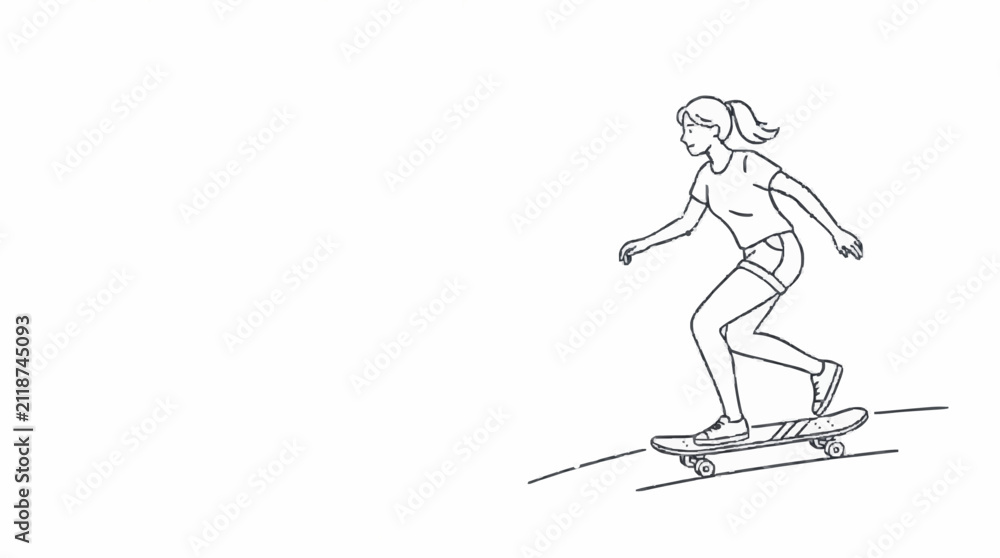 Fototapeta premium Line drawing of a young woman skateboarding downhill on a sunny day, enjoying an outdoor activity