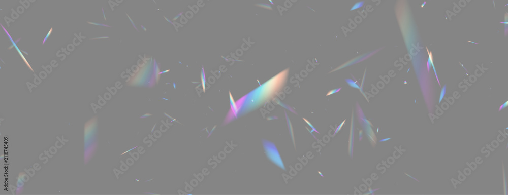 Obraz premium Realistic prism reflections vibrant rainbow light on transparent background with crystal clarity. Holographic glow, lens glare and luminous flare overlays magical atmosphere. Vector illustration png.