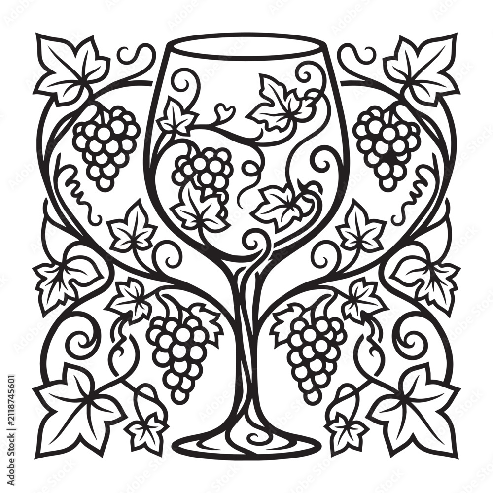Obraz premium Art Nouveau Style Botanical Illustration of a Wine Glass Entwined with Ornamental Grapevine Leaves and Floral Whiplash Curves